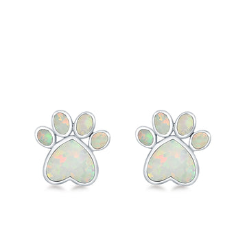 Paw Prints Stud Earrings Lab Created White Opal 925 Sterling Silver (10mm)